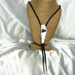 Vintage Sterling Silver Bolo Tie Artistic Design w/ Black Onyx & Braided Leather